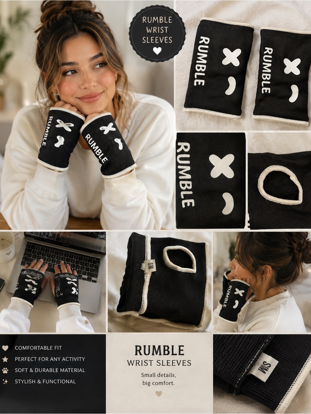 RUMBLE Black Wrist Sleeves - Comfortable Fingerless Gloves